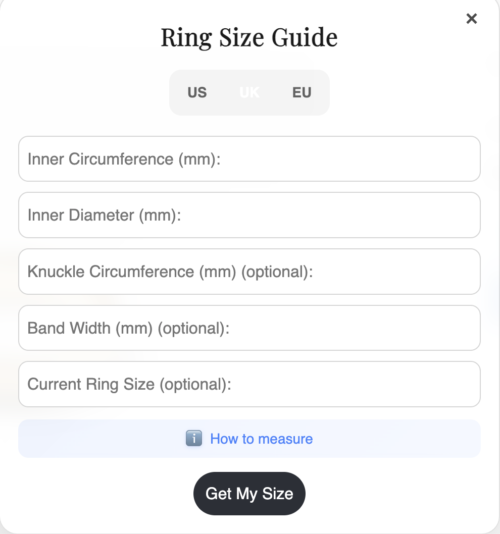 Ring Size Guide: enter measurements and choose US, UK or EU size system