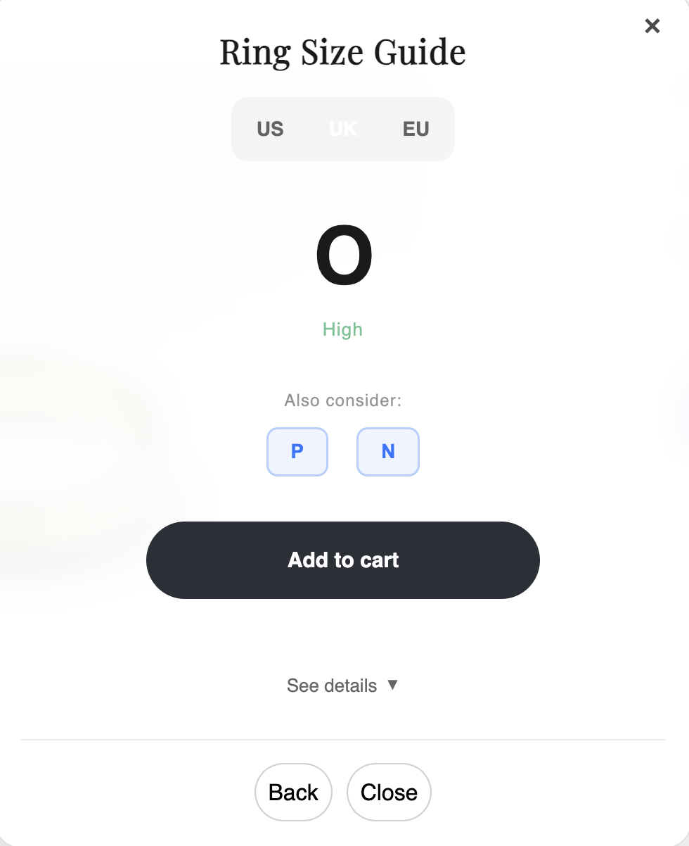 Recommended ring size with confidence level and add to cart