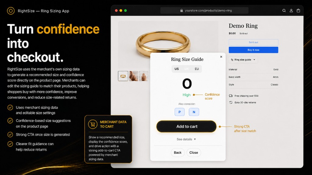 Ring size recommendation with high confidence score and add to cart button on a Shopify product page