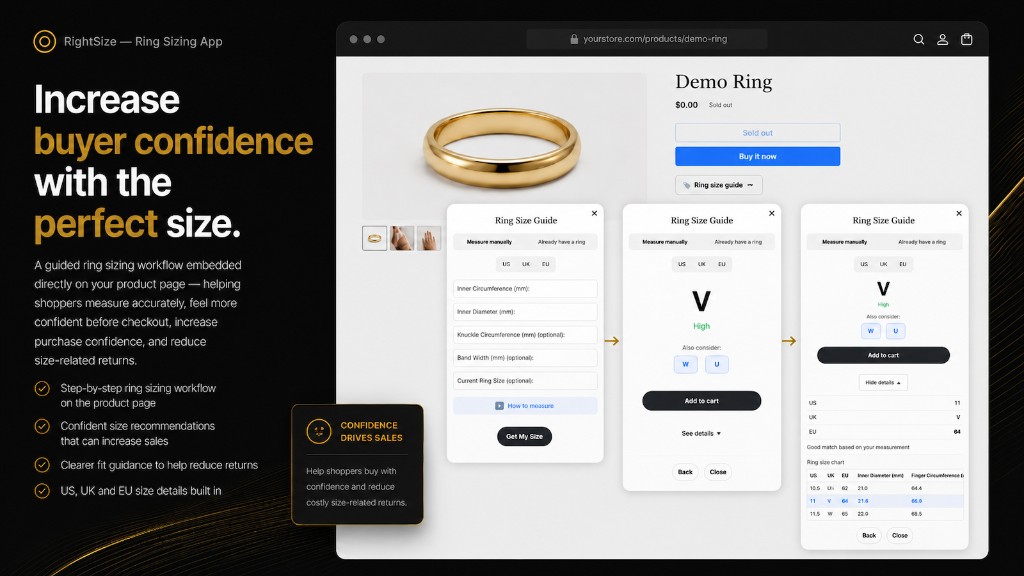 RightSize ring sizing workflow on a Shopify product page: measure, get a size recommendation with confidence score, and add to cart