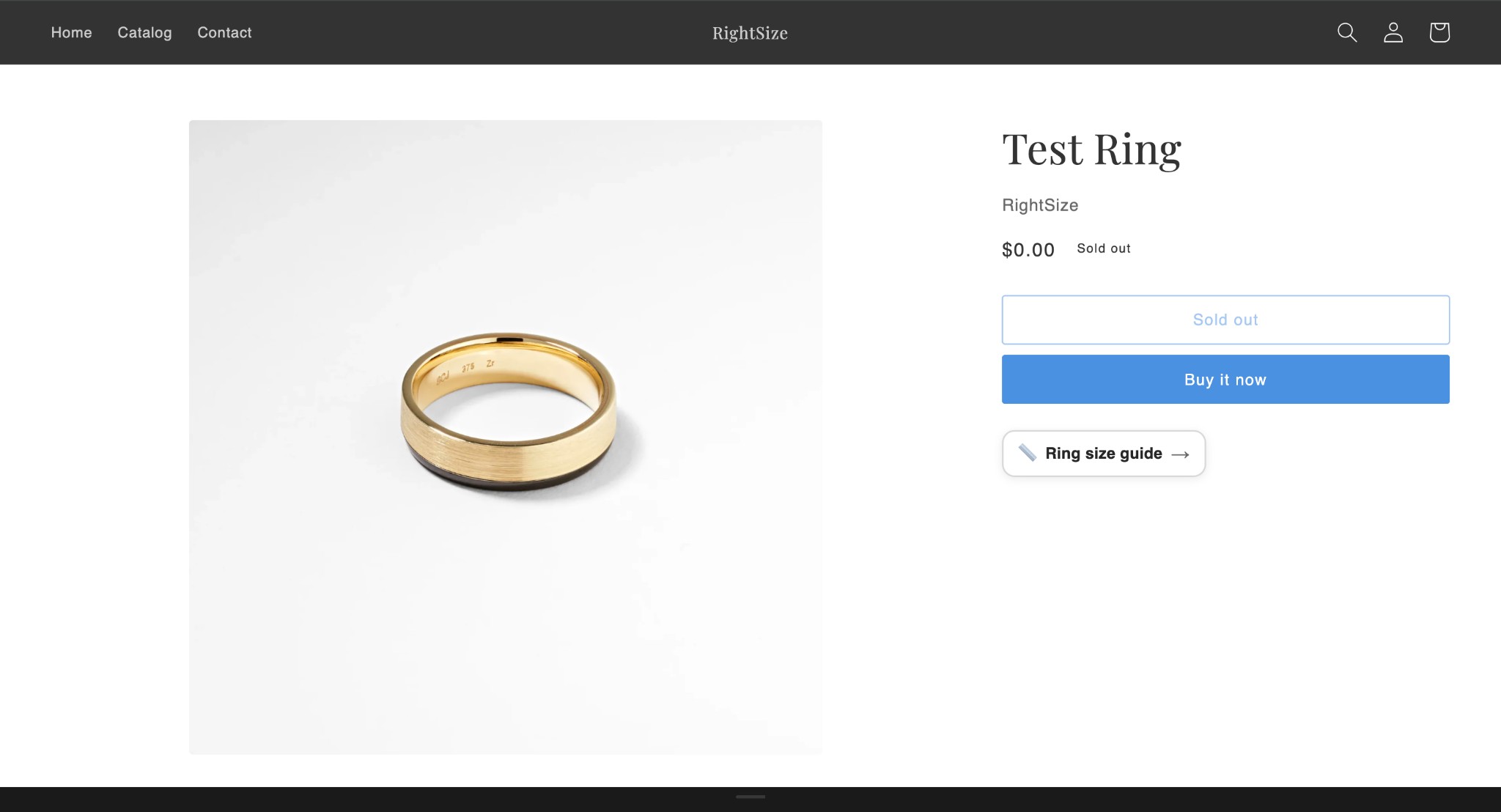 RightSize product page with ring and Ring size guide