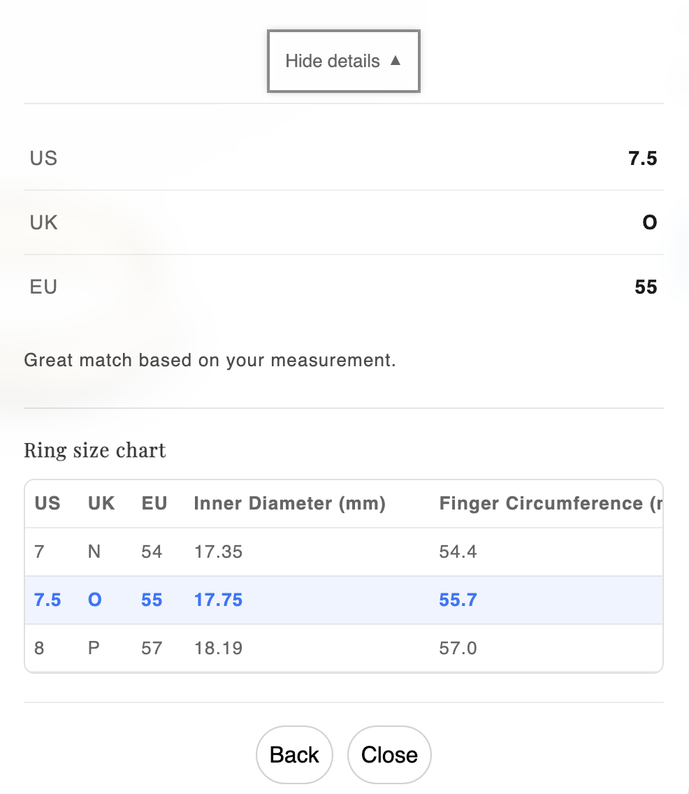 Full size chart and matched sizes (US, UK, EU)